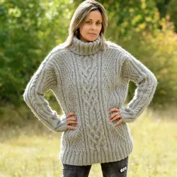 Cable hand knitted 100 % wool sweater handmade turtleneck Light Grey color by Extravagantza
