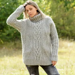 Cable hand knitted 100 % wool sweater handmade turtleneck Light Grey color by Extravagantza