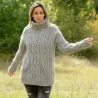 Cable hand knitted 100 % wool sweater handmade turtleneck Light Grey color by Extravagantza