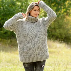 Cable hand knitted 100 % wool sweater handmade turtleneck Light Grey color by Extravagantza