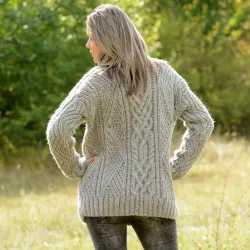 Cable hand knitted 100 % wool sweater handmade turtleneck Light Grey color by Extravagantza
