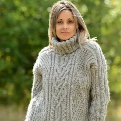 Cable hand knitted 100 % wool sweater handmade turtleneck Light Grey color by Extravagantza