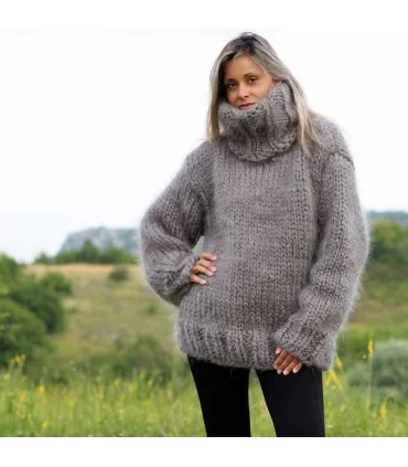 10 strands Hand Knit Mohair Sweater Dark Gray Fuzzy Turtleneck Plain Design