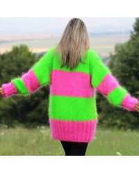 Hand Knit Mohair Sweater Striped Neon Green and Pink Fuzzy Turtleneck