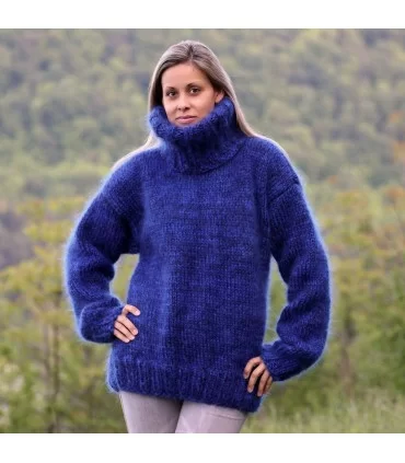 4 strands Hand Knitted Mohair Sweater Blue Mix Fuzzy and fluffy Turtleneck