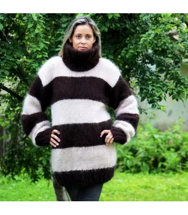 Hand Knit Mohair Sweater Striped Brown and Beige Fuzzy Turtleneck