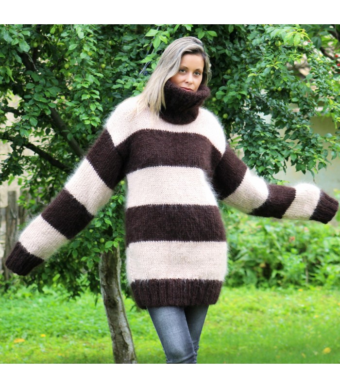 Hand Knit Mohair Sweater Striped Brown and Beige Fuzzy Turtleneck