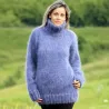 Hand Knit Mohair Sweater Blue Denim color Fuzzy Turtleneck