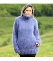 Hand Knit Mohair Sweater Blue Denim color Fuzzy Turtleneck