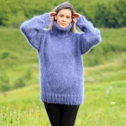 Hand Knit Mohair Sweater Blue Denim color Fuzzy Turtleneck