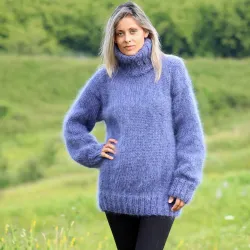 Hand Knit Mohair Sweater Blue Denim color Fuzzy Turtleneck