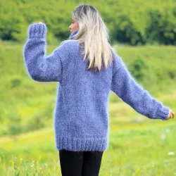 Hand Knit Mohair Sweater Blue Denim color Fuzzy Turtleneck