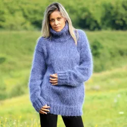 Hand Knit Mohair Sweater Blue Denim color Fuzzy Turtleneck