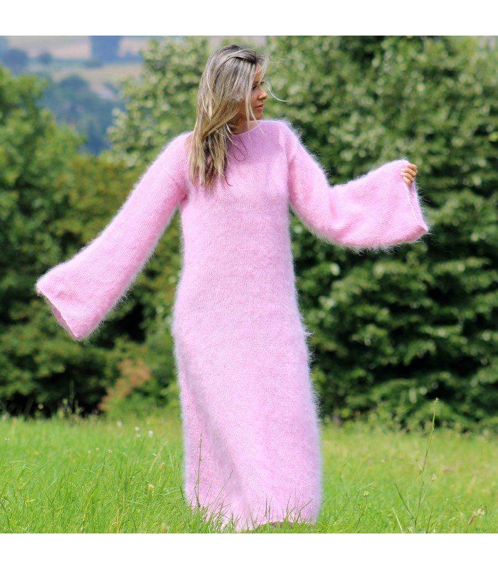 Hand Knitted Mohair Dress Pink Color Fetish Boat neck by EXTRAVAGANTZA