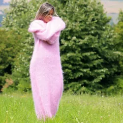 Hand Knitted Mohair Dress Pink Color Fetish Boat neck by EXTRAVAGANTZA
