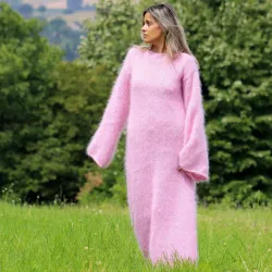 Hand Knitted Mohair Dress Pink Color Fetish Boat neck by EXTRAVAGANTZA