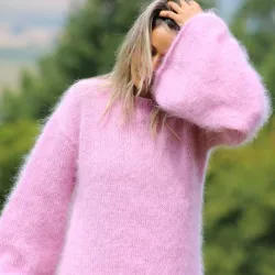 Hand Knitted Mohair Dress Pink Color Fetish Boat neck by EXTRAVAGANTZA