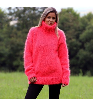 Hand Knitted Mohair Sweater Neon Coral Color Fuzzy Turtleneck