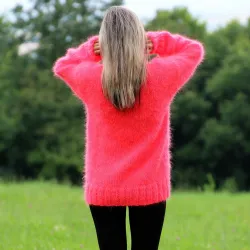 Hand Knit Mohair Sweater Neon Pink Color Fuzzy Turtleneck