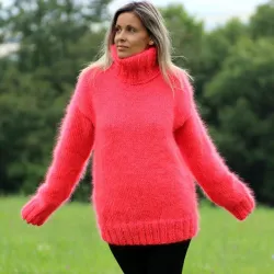 Hand Knit Mohair Sweater Neon Pink Color Fuzzy Turtleneck