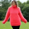 Hand Knit Mohair Sweater Neon Pink Color Fuzzy Turtleneck