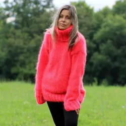 Hand Knit Mohair Sweater Neon Pink Color Fuzzy Turtleneck