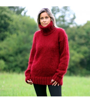 Hand Knit Mohair Sweater Burgundy Red color Fuzzy Turtleneck