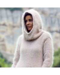 Beige Hand Knit Mohair Dress  Fetish hooded by EXTRAVAGANTZA