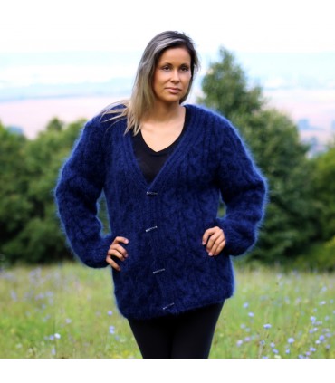 Hand Knit Mohair Cardigan Blue color Fuzzy V-neck