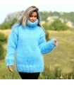 6 strands Hand Knitted Mohair Sweater Very Light Blue Fuzzy and fluffy Turtleneck