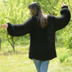 Summer Oversized Slouchy Hand Knitted 100 % Pure Wool Sweater Black color boat neck