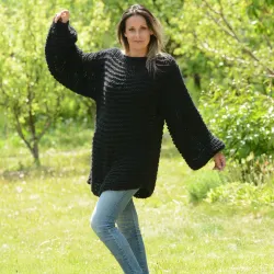 Summer Oversized Slouchy Hand Knitted 100 % Pure Wool Sweater Black color boat neck