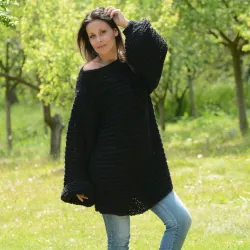Summer Oversized Slouchy Hand Knitted 100 % Pure Wool Sweater Black color boat neck