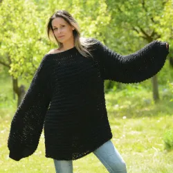 Summer Oversized Slouchy Hand Knitted 100 % Pure Wool Sweater Black color boat neck