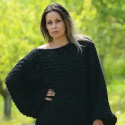 Summer Oversized Slouchy Hand Knitted 100 % Pure Wool Sweater Black color boat neck