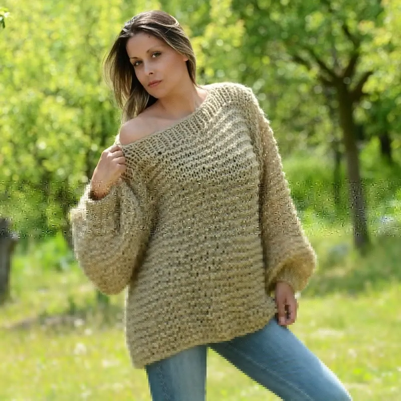 Summer Oversized Slouchy Hand Knitted 100 % Pure Wool Sweater Beige color boat neck