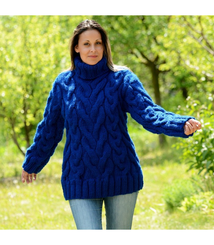 Cable Knitted Chunky 100 % Pure Wool Turtleneck Sweater Blue Color