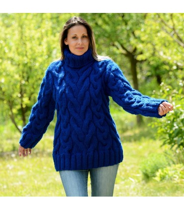 Cable Hand Knitted Chunky 100 % Pure Wool Turtleneck Sweater Blue Color Jumper