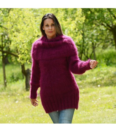 Super Sexy Hand Knit Mohair Sweater Dark Lilac Fuchsia color Fuzzy Cowl neck Pullover