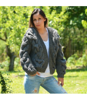 Chunky Cable Hand Knit 100 % Wool Cardigan Dark Grey Color V-neck Jacket