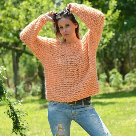 Summer Oversized Slouchy Hand Knitted 100 % Pure Wool Sweater Orange color boat neck