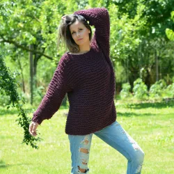 Summer Oversized Slouchy Hand Knitted 100 % Pure Wool Sweater Dark Lilac color boat neck