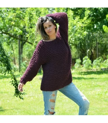 Summer Oversized Slouchy Hand Knitted 100 % Pure Wool Sweater Dark Lilac color boat neck