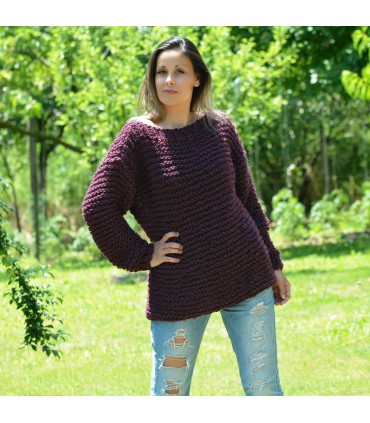 Summer Oversized Slouchy Hand Knitted 100 % Pure Wool Sweater Dark Lilac color boat neck Jumper