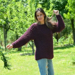 Summer Oversized Slouchy Hand Knitted 100 % Pure Wool Sweater Dark Lilac color boat neck