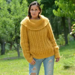 Hand Knit Cable Mohair Sweater Yellow color Fuzzy Cowl neck Pullover