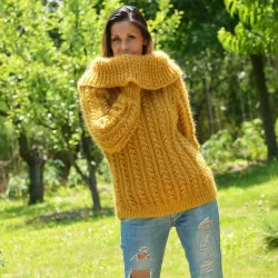 Hand Knit Cable Mohair Sweater Yellow color Fuzzy Cowl neck Pullover