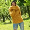 Hand Knit Cable Mohair Sweater Yellow color Fuzzy Cowl neck Pullover