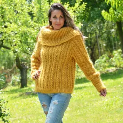 Hand Knit Cable Mohair Sweater Yellow color Fuzzy Cowl neck Pullover