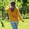 Hand Knit Cable Mohair Sweater Yellow color Fuzzy Cowl neck Pullover